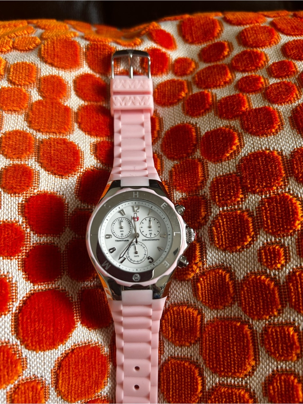 Michele Pink Silicone Strap Chronograph Watch with Silver-Tone Case - Picture 4 of 7